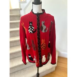 Vintage Coldwater Creek Cat Print Red Chenille Leopard Trim Zip Sweater